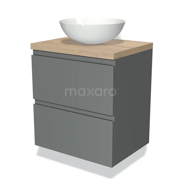 Grijze badkamermeubelset met houtlook blad, ronde witte wastafel en twee lades, modern design.
