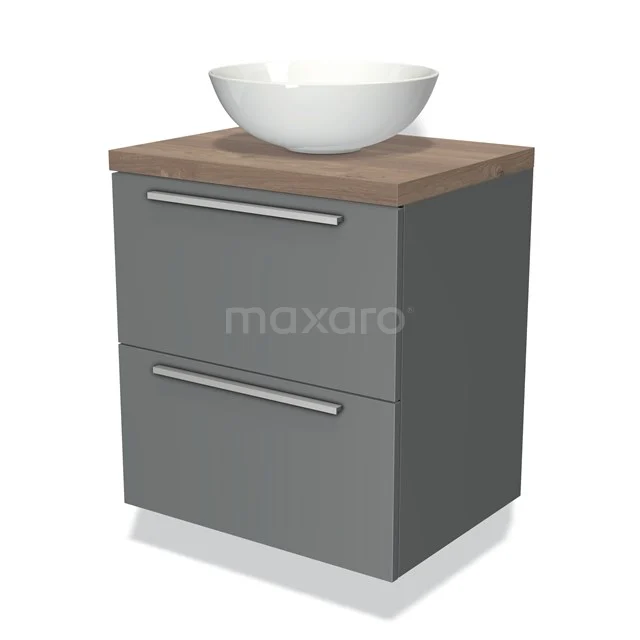 Grijs badkamermeubel met houten blad, twee lades en witte wastafel, modern design voor stijlvolle badkameropslag.