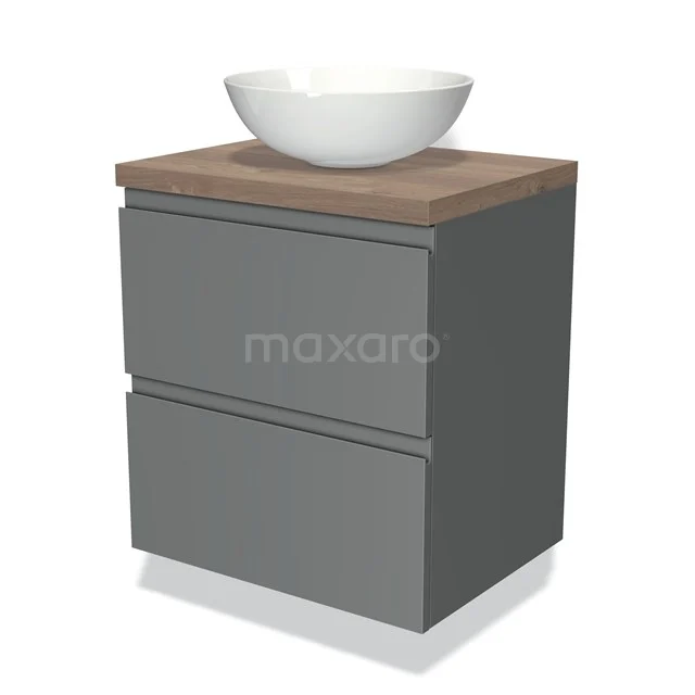 Grau Badmöbel mit Holzlook Platte und weißem Aufsatzwaschbecken, modernes Design mit zwei Schubladen für praktischen Stauraum.