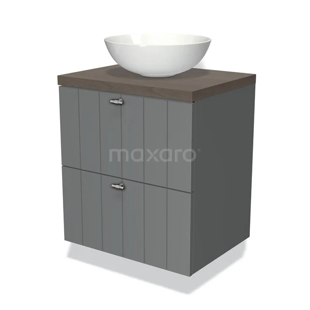 Grijze houten badkamermeubelset met twee lades en een witte ronde waskom bovenop, ideaal voor moderne badkamers.