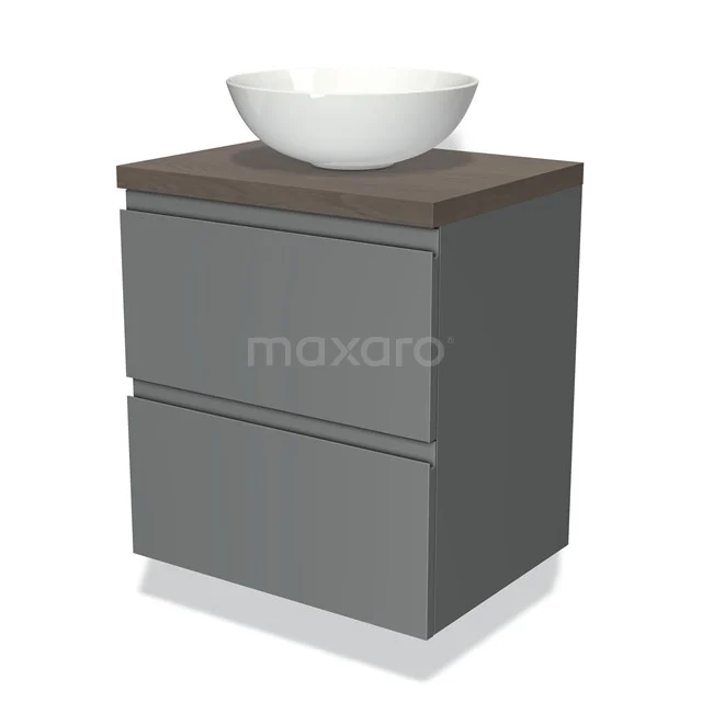 Graue Badmöbelset mit zwei Schubladen, Holzlook Platte und weißem rundem Waschbecken; modernes Design für jeden Badezimmerstil.