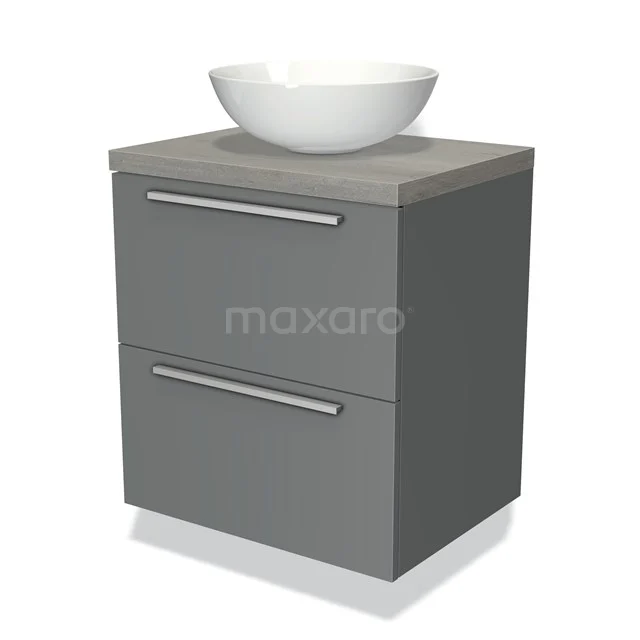 Grauer Badschrank mit zwei Schubladen, keramischem Aufsatzwaschbecken, schlanke Formgebung, ideal für moderne Bäder.