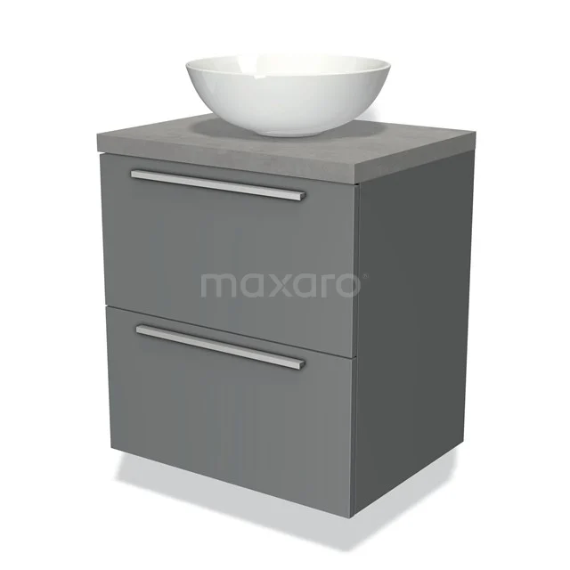 Graue Badmöbelset mit zwei Schubladen und einem weißen runden Aufsatzwaschbecken, moderner Stil, perfekt für kompakte Bäder.