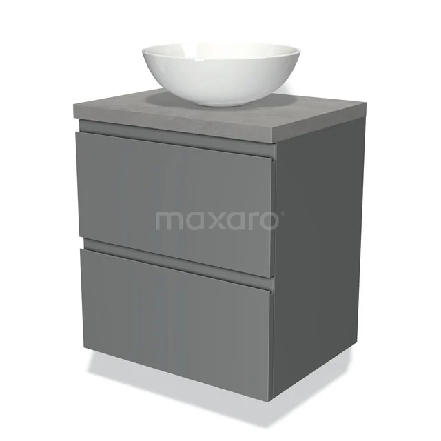 Grijze badkamerkast met twee lades en een witte keramische waskom, geschikt voor moderne badkamersetups.