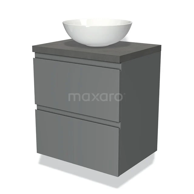 Badmöbel für Waschtischunterschrank mit Konsole 60cm Modulo Plato Mittelgrau 2 Schubladen Grifflos Dunkelgrau Beton Platte BMK17-00335 Graues Badezimmermöbel mit zwei Schubladen und weißem, schalenförmigem Waschbecken, modernes Design aus robustem Holz.