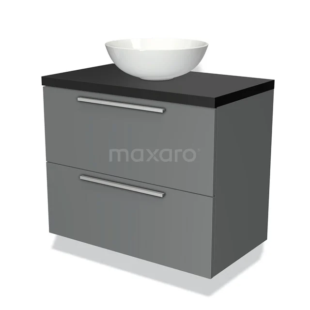 Grijze badkamermeubelset met zwarte blad, witte wastafelkom, twee lades en metalen grepen. Modern design, perfect voor badkamers.