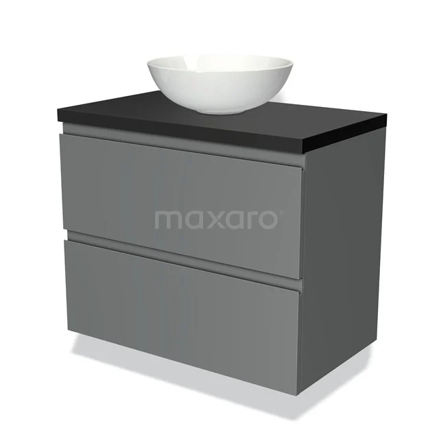 Graue Badmöbelset mit zwei Schubladen, schwarzer Platte und weißem keramischen Aufsatzwaschbecken, modernes Design für stilvolle Bäder.