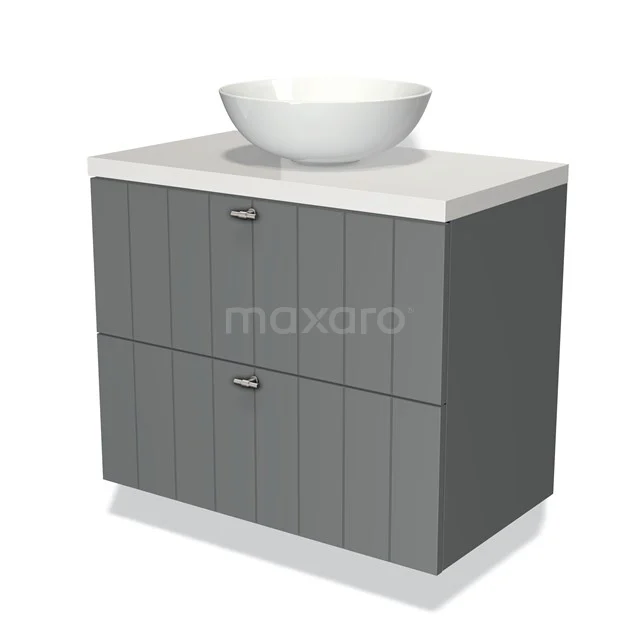 Grey bathroom unit with vertical grooves, two drawers and a white countertop basin, modern design.