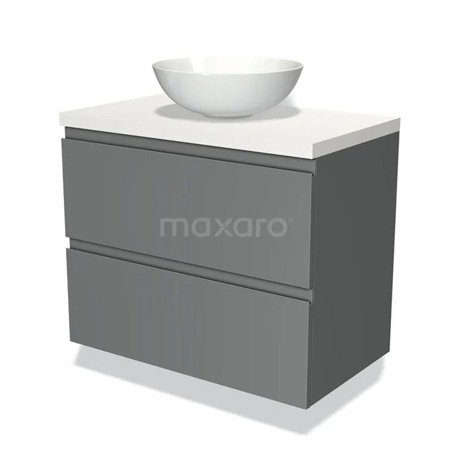 Grijze badkamermeubelset met witte keramische waskom, moderne stijl en gladde afwerking, ideaal voor compacte badkamers.