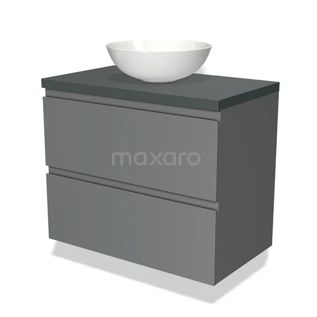 Grijze badkamermeubel met twee lades, een keramische wastafel en een modern design; ideaal voor een stijlvolle badkamer.