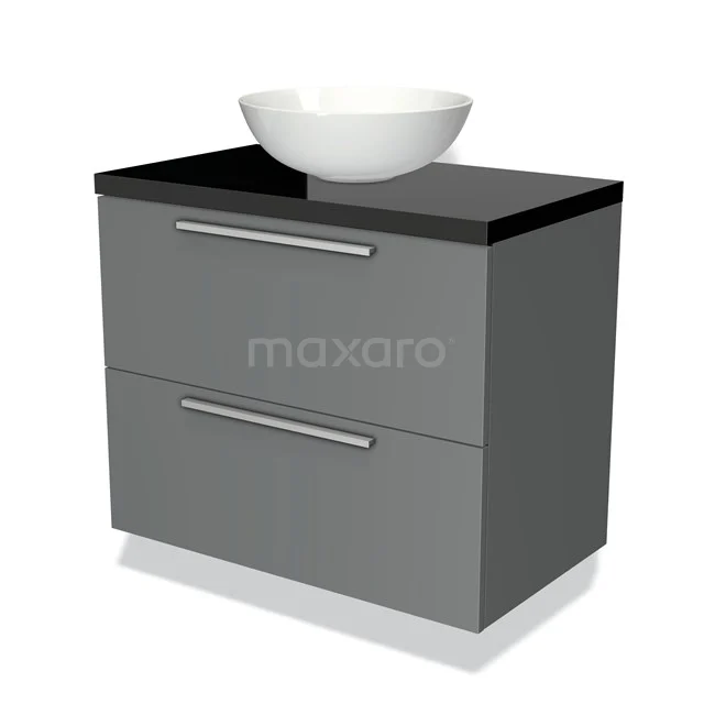 Grijze badkamerkast met zwarte bovenblad, ronde witte waskom, dubbele lades en metalen handgrepen, modern en functioneel ontwerp.
