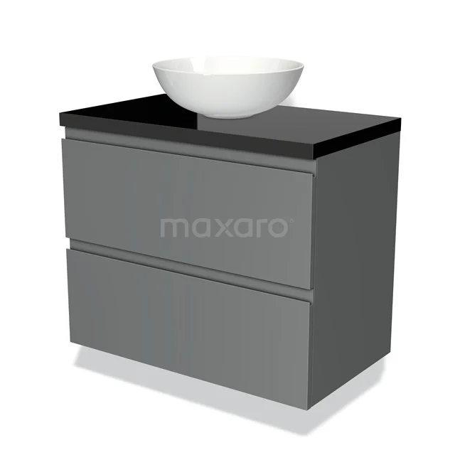 Grijze badkamermeubelset met glanzend zwarte wastafelblad en ronde witte waskom, modern design.