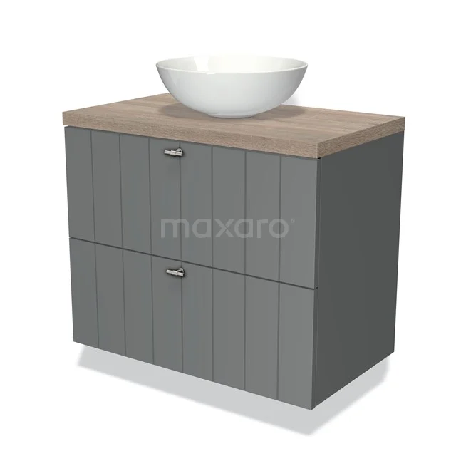 Modulo Plato Vanity units for countertop basin | 80 cm Mid grey Slat front Oak worktop 2 Stacked drawers BMK17-00352 Grey wood Bathroom unit with 2 drawers, white round basin, and natural oak worktop, ideal for modern bathrooms.