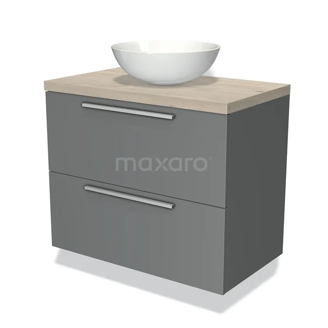 Graue Badmöbelset mit Holzplatte, keramischem Aufsatzwaschbecken und zwei Schubladen, modernes Design.