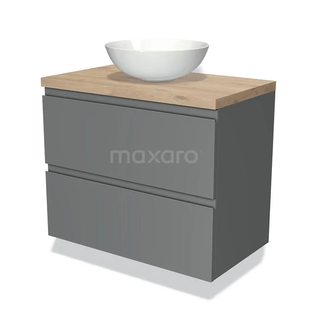 Grijze badkamermeubelset met houten blad en witte waskom, modern design, geschikt voor stijlvolle badkamerinrichting.