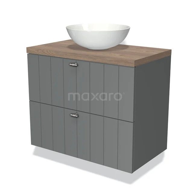 Modulo Plato Badkamermeubel voor waskom | 80 cm Middengrijs Lamel front Middenbruin eiken blad 2 lades onder elkaar BMK17-00361