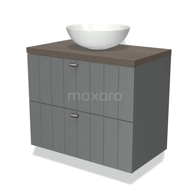 Grey bathroom unit with wood-look worktop and round white vanity units with basin, modern design with two drawers.