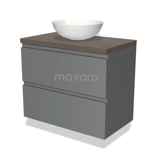 Grijze badkamermeubelset met houten blad en witte ronde waskom, strak ontwerp voor een moderne badkamer.