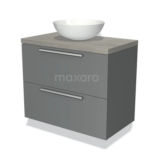 Grijze badkamermeubelset met twee lades, houten blad en witte ronde waskom, modern design voor stijlvolle badkamers.