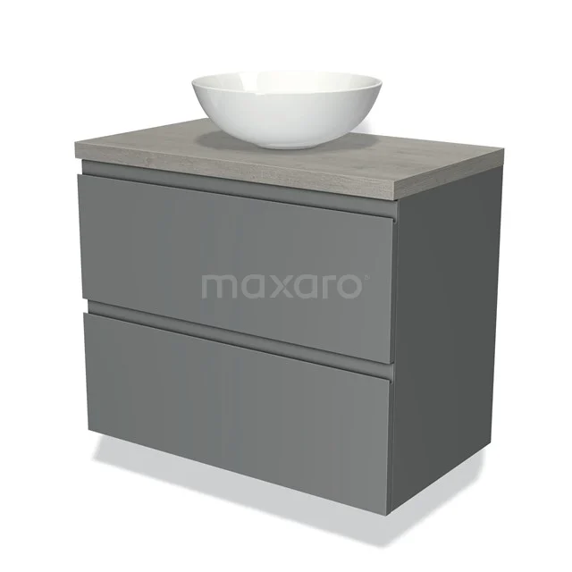 Grijs badkamermeubel met 2 lades en een witte waskom, moderne stijl, ideaal voor compact badkamerdesign.
