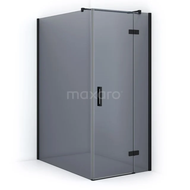 Black corner shower cabin with matte black frame, clear glass and pivot door, ideal for a stylish modern bathroom.
