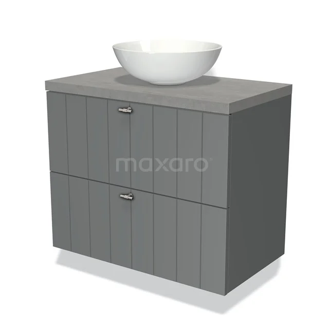 Modulo Plato Vanity units for countertop basin | 80 cm Mid grey Slat front Light grey concrete worktop 2 Stacked drawers BMK17-00370 Grey wooden bathroom unit with white ceramic vanity units with basin, modern design and two drawers for practical storage space.