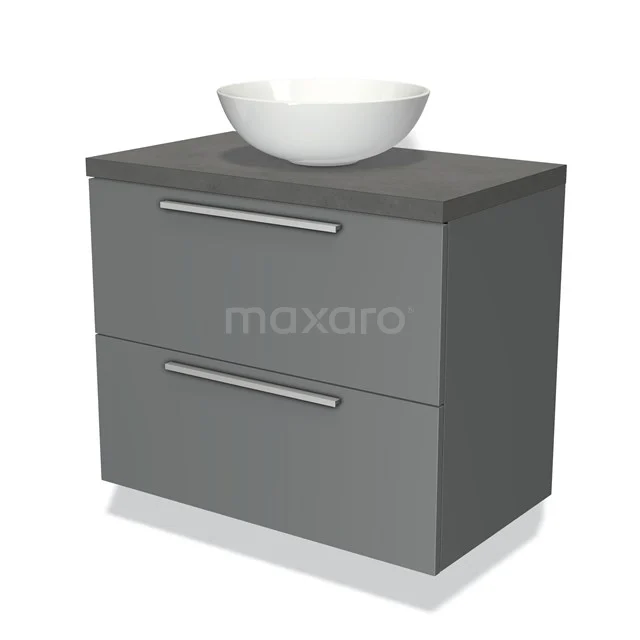 Grijze badkamermeubelset met twee lades, keramische wastafel en moderne RVS-handgrepen voor een strak en functioneel design.