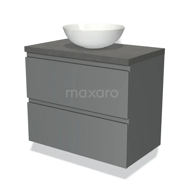 Graue Badmöbel Set mit weißem Aufsatzwaschbecken, modernes Design, ausgeführt in mattem Anthrazit, ideal für ein stilvolles Badezimmer.