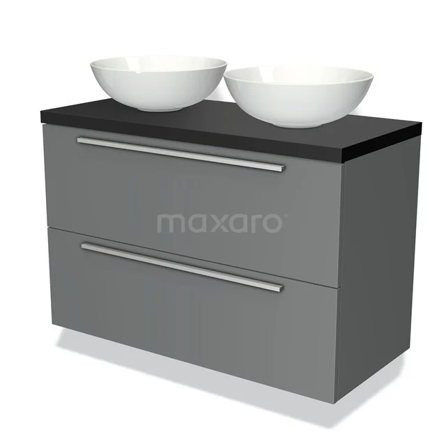 Grey bathroom cabinet with two white basins, modern design, black worktop, sleek drawers and black metal handles.