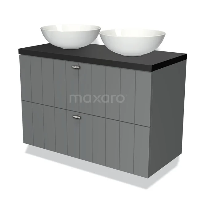 Grey bathroom unit with double vanity units for countertop wash basins, black worktop and vertical lines, ideal for stylish and functional bathrooms.