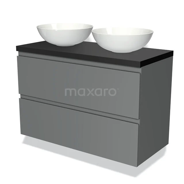 Grey bathroom furniture set with two round white countertop wash basins and matte black worktop, minimalist design.