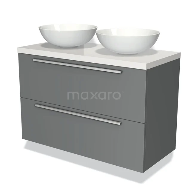 Grey bathroom unit with two white bowl-shaped vanity units with basin, modern design, with silver handles and spacious storage drawers.