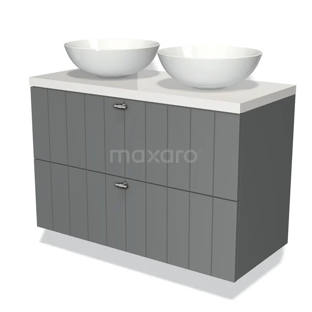 Grey wooden bathroom unit with double white countertop wash basins, sleek design and horizontal panels.