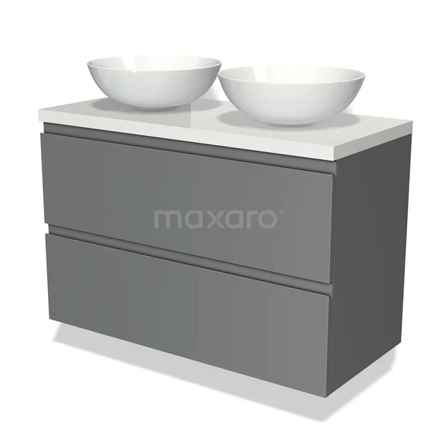 Grey bathroom furniture set with two white countertop wash basins, modern design, sleek chest of drawers, ideal for stylish bathrooms.