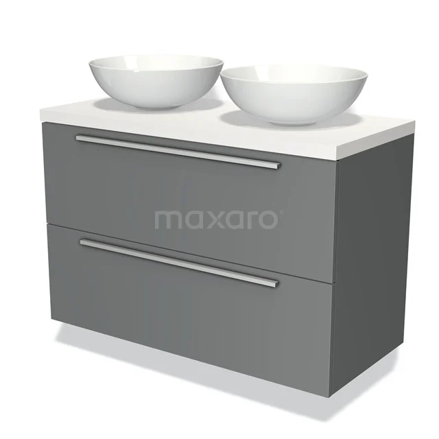 Grey bathroom furniture set with double countertop wash basins and chrome handles, sleek design and plenty of storage space.