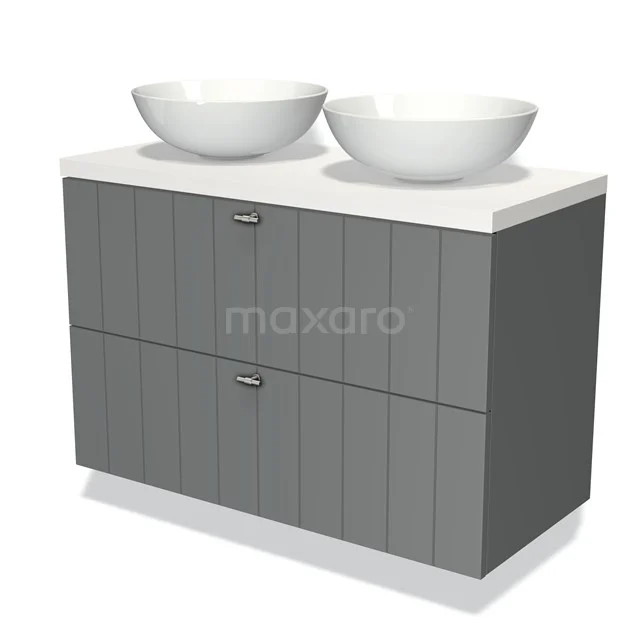 Grey bathroom unit with double white vanity units with basins, modern design, vertical grooves and soft-close drawers.