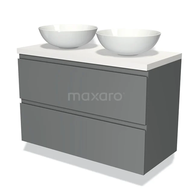 Graphite grey bathroom unit with double white countertop wash basins, modern design, featuring two drawers and sleek finish.