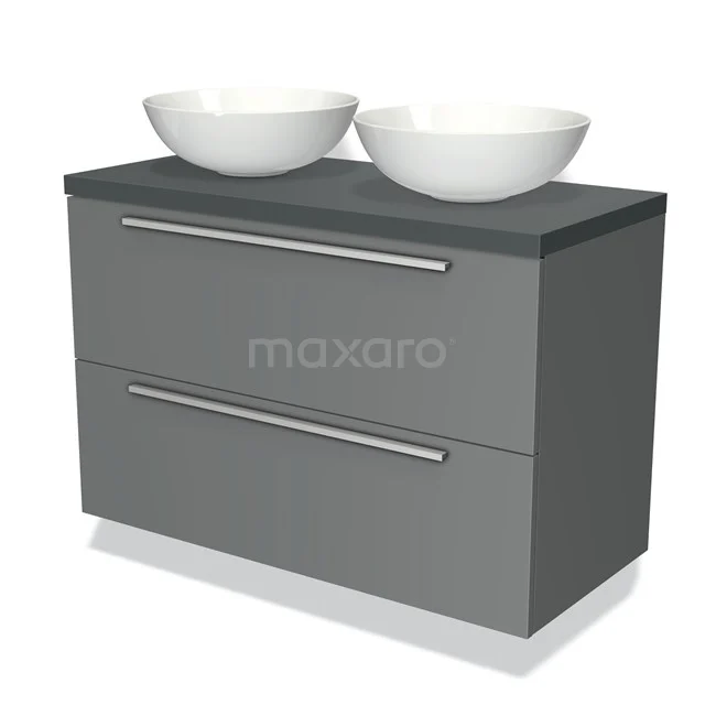 Grey bathroom furniture set with two white countertop wash basins, matte anthracite finish and metal handles. Modern design suitable for bathrooms.