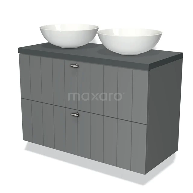 Grey bathroom unit with two white vanity units for countertop wash basins, modern design and horizontal wood structure for a stylish bathroom.