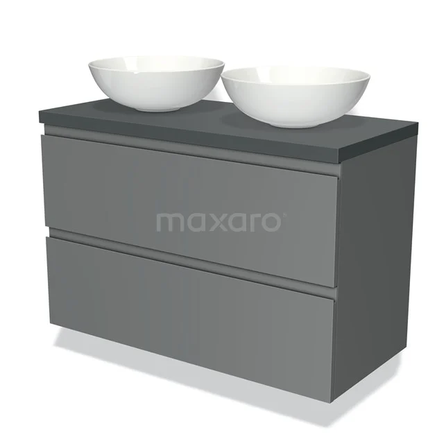 Grey bathroom unit with dark blue basin worktop and double white basin worktops, modern design.
