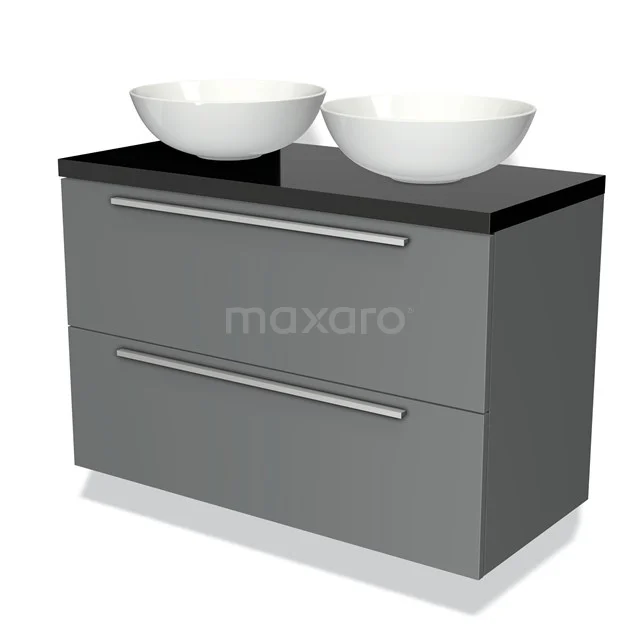 Grey bathroom furniture set with black top, two white basins and modern drawers, ideal for elegant bathroom fittings.