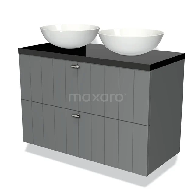 Grey bathroom unit with black worktop, two white vanity units for countertop wash basins and vertical lines; modern design for stylish bathrooms.