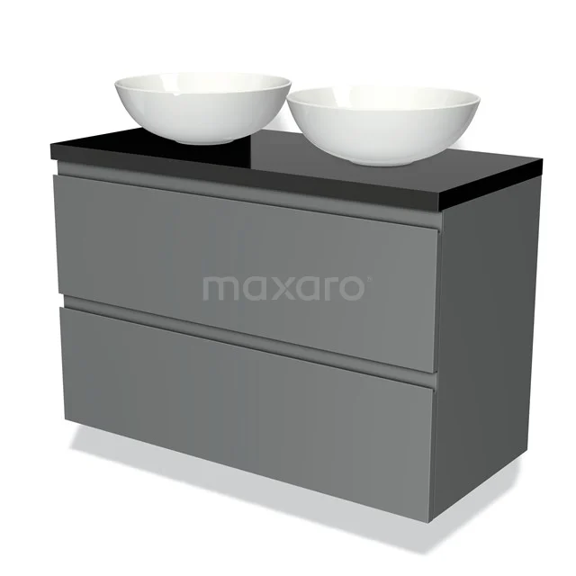 Grey bathroom unit with two white countertop basins, black worktop and two spacious drawers. Modern design made of high-quality materials.