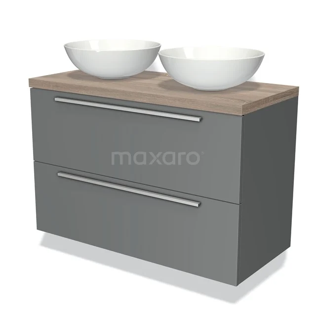 Grey bathroom unit with wood-look worktop, double vanity units for countertop wash basins and sleek handles, ideal for modern bathroom design.