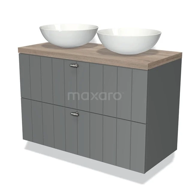 Badmöbel für Waschtischunterschrank mit Konsole 100cm Modulo Plato Mittelgrau 2 Schubladen Lamelle Eiche Platte BMK17-00391 Graue Badmöbel mit Holzlook Platte, 2 Aufsatzwaschbecken und modernen Paneelen; stilvolles Design für jedes Badezimmer.