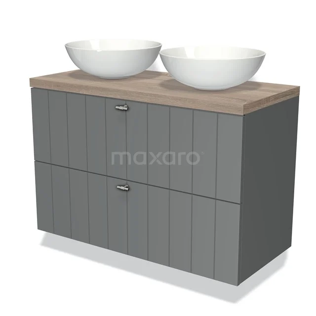 Grey bathroom unit with wood-look worktop, 2 countertop wash basins, and modern panels; stylish design for any bathroom.