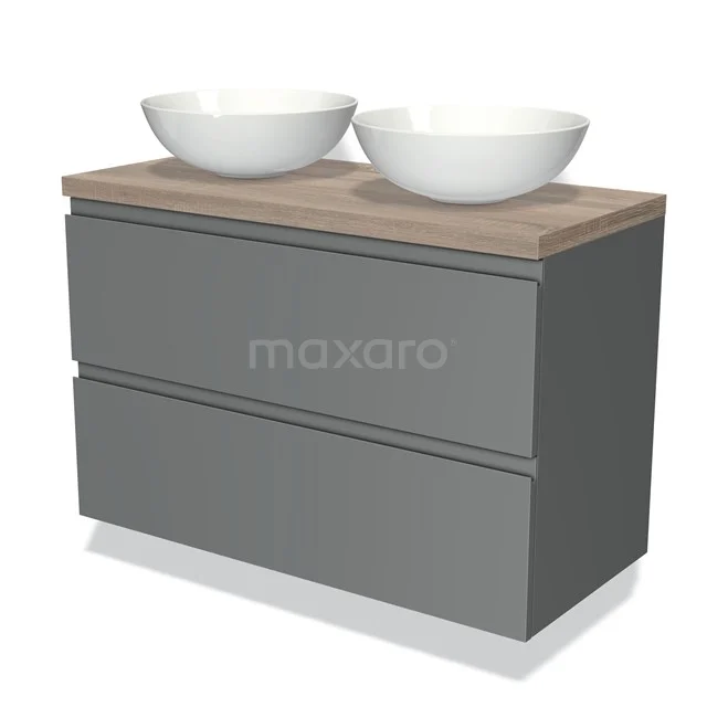 Grey Bathroom unit with two white vanity units with basin, wooden worktop and soft-close drawers, ideal for modern bathroom design.