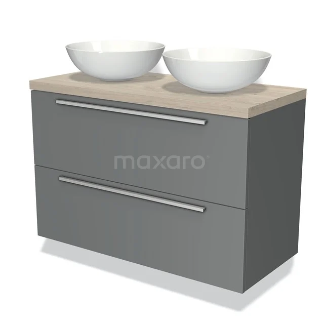 Grey bathroom unit with wooden worktop and two white top washbasins, modern style with double drawers.