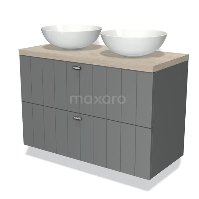 Grey double vanity unit with wood-look worktop and two round white countertop wash basins, ideal for a modern bathroom.