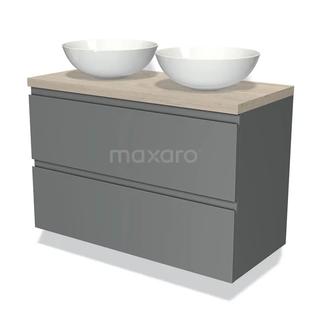 Grey bathroom furniture set with two white countertop wash basins, wood-look worktop and soft-close drawers, modern design.